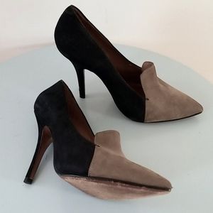 Schutz Black & Tan Pointy Toe Loafer Suede Pumps